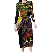 Papua New Guinea and Australia Together Long Sleeve Bodycon Dress Bird of Paradise and Kangaroo Melanesian Aboriginal Motifs LT03 Long Dress Black - Polynesian Pride