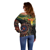 Papua New Guinea and Australia Together Off Shoulder Sweater Bird of Paradise and Kangaroo Melanesian Aboriginal Motifs LT03 - Polynesian Pride