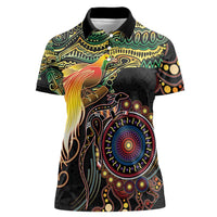 Papua New Guinea and Australia Together Women Polo Shirt Bird of Paradise and Kangaroo Melanesian Aboriginal Motifs - Polynesian Pride