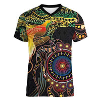Papua New Guinea and Australia Together Women V-Neck T-Shirt Bird of Paradise and Kangaroo Melanesian Aboriginal Motifs - Polynesian Pride