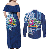Hawaiian Mele Kalikimaka Couples Matching Off Shoulder Maxi Dress and Long Sleeve Button Shirt Funny Santa on Whale Island with Kakau Tattoos LT03 - Polynesian Pride