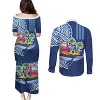 Hawaiian Mele Kalikimaka Couples Matching Puletasi and Long Sleeve Button Shirt Funny Santa on Whale Island with Kakau Tattoos LT03 - Polynesian Pride