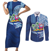 Hawaiian Mele Kalikimaka Couples Matching Short Sleeve Bodycon Dress and Long Sleeve Button Shirt Funny Santa on Whale Island with Kakau Tattoos LT03 Blue - Polynesian Pride