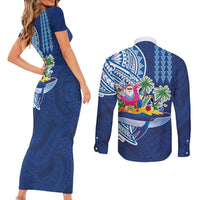 Hawaiian Mele Kalikimaka Couples Matching Short Sleeve Bodycon Dress and Long Sleeve Button Shirt Funny Santa on Whale Island with Kakau Tattoos LT03 - Polynesian Pride
