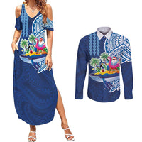 Hawaiian Mele Kalikimaka Couples Matching Summer Maxi Dress and Long Sleeve Button Shirt Funny Santa on Whale Island with Kakau Tattoos LT03 Blue - Polynesian Pride
