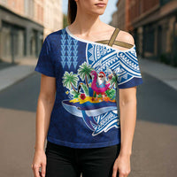 Hawaiian Mele Kalikimaka Cross Shoulder Shirt Funny Santa on Whale Island with Kakau Tattoos LT03 - Polynesian Pride