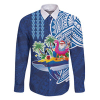 Hawaiian Mele Kalikimaka Family Matching Off Shoulder Maxi Dress and Hawaiian Shirt Funny Santa on Whale Island with Kakau Tattoos LT03 Dad's Shirt - Long Sleeve Blue - Polynesian Pride
