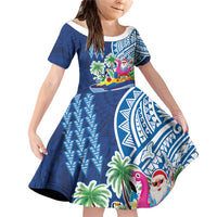 Hawaiian Mele Kalikimaka Family Matching Off Shoulder Short Dress and Hawaiian Shirt Funny Santa on Whale Island with Kakau Tattoos LT03 Daughter's Dress Blue - Polynesian Pride