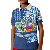 Hawaiian Mele Kalikimaka Kid Polo Shirt Funny Santa on Whale Island with Kakau Tattoos LT03 Kid Blue - Polynesian Pride