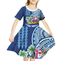 Hawaiian Mele Kalikimaka Kid Short Sleeve Dress Funny Santa on Whale Island with Kakau Tattoos LT03 - Polynesian Pride