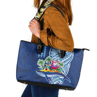 Hawaiian Mele Kalikimaka Leather Tote Bag Funny Santa on Whale Island with Kakau Tattoos LT03 Blue - Polynesian Pride