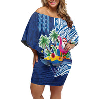 Hawaiian Mele Kalikimaka Off Shoulder Short Dress Funny Santa on Whale Island with Kakau Tattoos LT03 Women Blue - Polynesian Pride