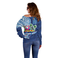 Hawaiian Mele Kalikimaka Off Shoulder Sweater Funny Santa on Whale Island with Kakau Tattoos LT03 - Polynesian Pride