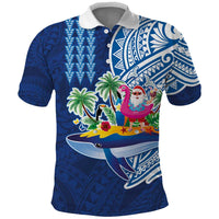 Hawaiian Mele Kalikimaka Polo Shirt Funny Santa on Whale Island with Kakau Tattoos LT03 Blue - Polynesian Pride