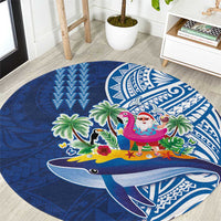 Hawaiian Mele Kalikimaka Round Carpet Funny Santa on Whale Island with Kakau Tattoos LT03 Blue - Polynesian Pride