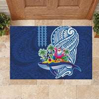 Hawaiian Mele Kalikimaka Rubber Doormat Funny Santa on Whale Island with Kakau Tattoos LT03 Blue - Polynesian Pride