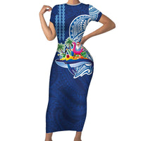 Hawaiian Mele Kalikimaka Short Sleeve Bodycon Dress Funny Santa on Whale Island with Kakau Tattoos LT03 Long Dress Blue - Polynesian Pride