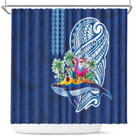 Hawaiian Mele Kalikimaka Shower Curtain Funny Santa on Whale Island with Kakau Tattoos LT03 Blue - Polynesian Pride