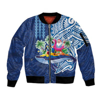 Hawaiian Mele Kalikimaka Sleeve Zip Bomber Jacket Funny Santa on Whale Island with Kakau Tattoos LT03 Unisex Blue - Polynesian Pride