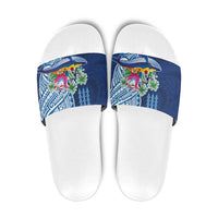 Hawaiian Mele Kalikimaka Slide Sandals Funny Santa on Whale Island with Kakau Tattoos LT03 Blue - Polynesian Pride