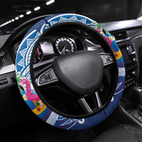 Hawaiian Mele Kalikimaka Steering Wheel Cover Funny Santa on Whale Island with Kakau Tattoos LT03 Universal Fit Blue - Polynesian Pride