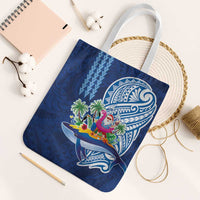 Hawaiian Mele Kalikimaka Tote Bag Funny Santa on Whale Island with Kakau Tattoos LT03 White Strap One Size Blue - Polynesian Pride