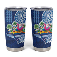 Hawaiian Mele Kalikimaka Tumbler Cup Funny Santa on Whale Island with Kakau Tattoos LT03 Blue - Polynesian Pride