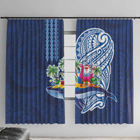 Hawaiian Mele Kalikimaka Window Curtain Funny Santa on Whale Island with Kakau Tattoos LT03 With Hooks Blue - Polynesian Pride