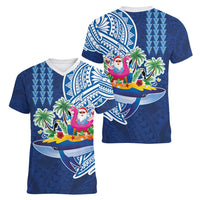 Hawaiian Mele Kalikimaka Women V-Neck T-Shirt Funny Santa on Whale Island with Kakau Tattoos LT03 - Polynesian Pride
