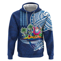 Hawaiian Mele Kalikimaka Zip Hoodie Funny Santa on Whale Island with Kakau Tattoos LT03 Pullover Hoodie Blue - Polynesian Pride