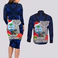 Guam Christmas Couples Matching Long Sleeve Bodycon Dress and Long Sleeve Button Shirt Santa Gift Latte Stone and Sea Turle Mix Hibiscus Chamorro Blue Style LT03 - Polynesian Pride