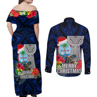 Guam Christmas Couples Matching Off Shoulder Maxi Dress and Long Sleeve Button Shirt Santa Gift Latte Stone and Sea Turle Mix Hibiscus Chamorro Blue Style LT03 - Polynesian Pride