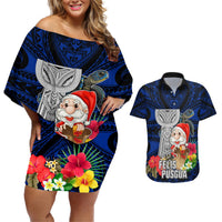Guam Christmas Couples Matching Off Shoulder Short Dress and Hawaiian Shirt Santa Gift Latte Stone and Sea Turle Mix Hibiscus Chamorro Blue Style LT03 Blue - Polynesian Pride