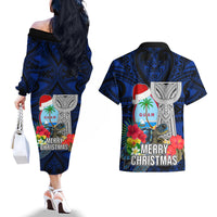 Guam Christmas Couples Matching Off The Shoulder Long Sleeve Dress and Hawaiian Shirt Santa Gift Latte Stone and Sea Turle Mix Hibiscus Chamorro Blue Style LT03 - Polynesian Pride