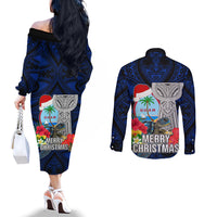 Guam Christmas Couples Matching Off The Shoulder Long Sleeve Dress and Long Sleeve Button Shirt Santa Gift Latte Stone and Sea Turle Mix Hibiscus Chamorro Blue Style LT03 - Polynesian Pride