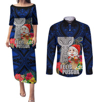 Guam Christmas Couples Matching Puletasi Dress and Long Sleeve Button Shirt Santa Gift Latte Stone and Sea Turle Mix Hibiscus Chamorro Blue Style LT03 Blue - Polynesian Pride