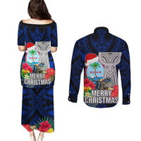 Guam Christmas Couples Matching Puletasi Dress and Long Sleeve Button Shirt Santa Gift Latte Stone and Sea Turle Mix Hibiscus Chamorro Blue Style LT03 - Polynesian Pride