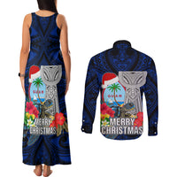 Guam Christmas Couples Matching Tank Maxi Dress and Long Sleeve Button Shirt Santa Gift Latte Stone and Sea Turle Mix Hibiscus Chamorro Blue Style LT03 - Polynesian Pride