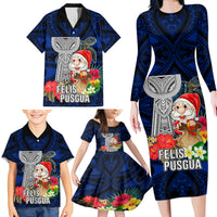 Guam Christmas Family Matching Long Sleeve Bodycon Dress and Hawaiian Shirt Santa Gift Latte Stone and Sea Turle Mix Hibiscus Chamorro Blue Style LT03 - Polynesian Pride