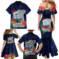 Guam Christmas Family Matching Mermaid Dress and Hawaiian Shirt Santa Gift Latte Stone and Sea Turle Mix Hibiscus Chamorro Blue Style LT03 - Polynesian Pride