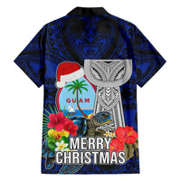 Guam Christmas Family Matching Off Shoulder Long Sleeve Dress and Hawaiian Shirt Santa Gift Latte Stone and Sea Turle Mix Hibiscus Chamorro Blue Style LT03 - Polynesian Pride