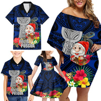 Guam Christmas Family Matching Off Shoulder Short Dress and Hawaiian Shirt Santa Gift Latte Stone and Sea Turle Mix Hibiscus Chamorro Blue Style LT03 - Polynesian Pride