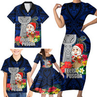 Guam Christmas Family Matching Short Sleeve Bodycon Dress and Hawaiian Shirt Santa Gift Latte Stone and Sea Turle Mix Hibiscus Chamorro Blue Style LT03 - Polynesian Pride