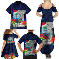 Guam Christmas Family Matching Summer Maxi Dress and Hawaiian Shirt Santa Gift Latte Stone and Sea Turle Mix Hibiscus Chamorro Blue Style LT03 - Polynesian Pride