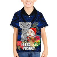 Guam Christmas Kid Hawaiian Shirt Santa Gift Latte Stone and Sea Turle Mix Hibiscus Chamorro Blue Style LT03 Kid Blue - Polynesian Pride