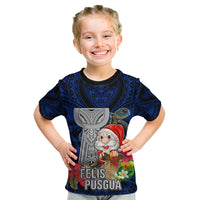 Guam Christmas Kid T Shirt Santa Gift Latte Stone and Sea Turle Mix Hibiscus Chamorro Blue Style LT03 Blue - Polynesian Pride