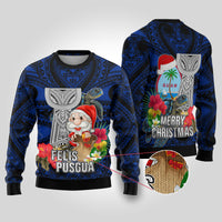 Guam Christmas Ugly Christmas Sweater Santa Gift Latte Stone and Sea Turle Mix Hibiscus Chamorro Blue Style LT03 Blue - Polynesian Pride