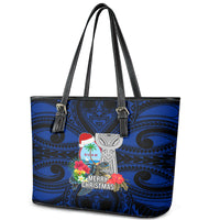 Guam Christmas Leather Tote Bag Santa Gift Latte Stone and Sea Turle Mix Hibiscus Chamorro Blue Style LT03 - Polynesian Pride