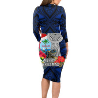 Guam Christmas Long Sleeve Bodycon Dress Santa Gift Latte Stone and Sea Turle Mix Hibiscus Chamorro Blue Style LT03 - Polynesian Pride
