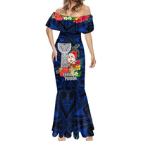 Guam Christmas Mermaid Dress Santa Gift Latte Stone and Sea Turle Mix Hibiscus Chamorro Blue Style LT03 - Polynesian Pride